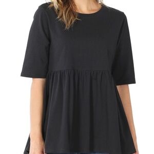 WOMEN HALF SLEEVE EMPIRE WAIST SHIRRING TOP BLACK